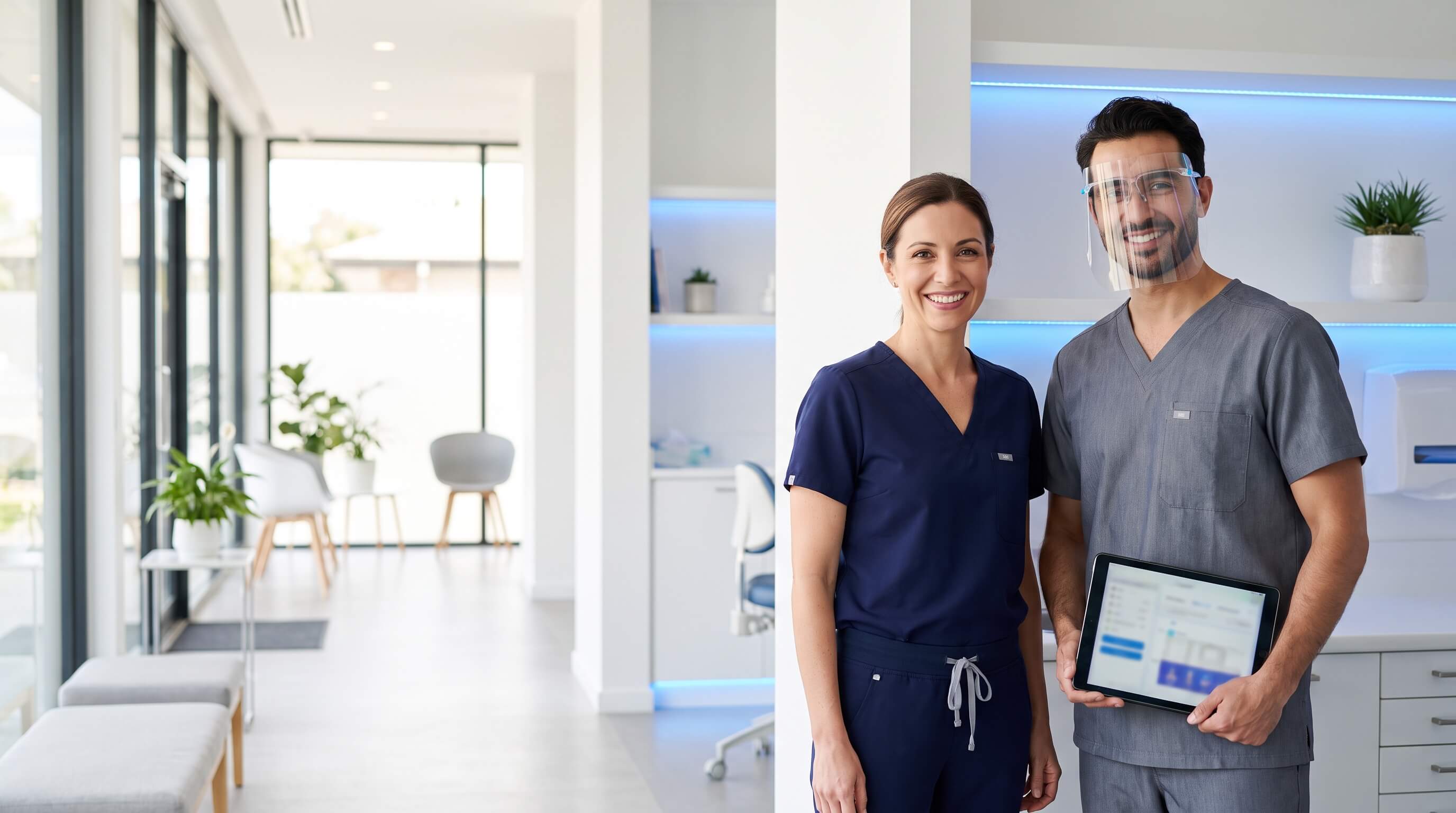 Equipo de una clínica dental atendiendo a un paciente