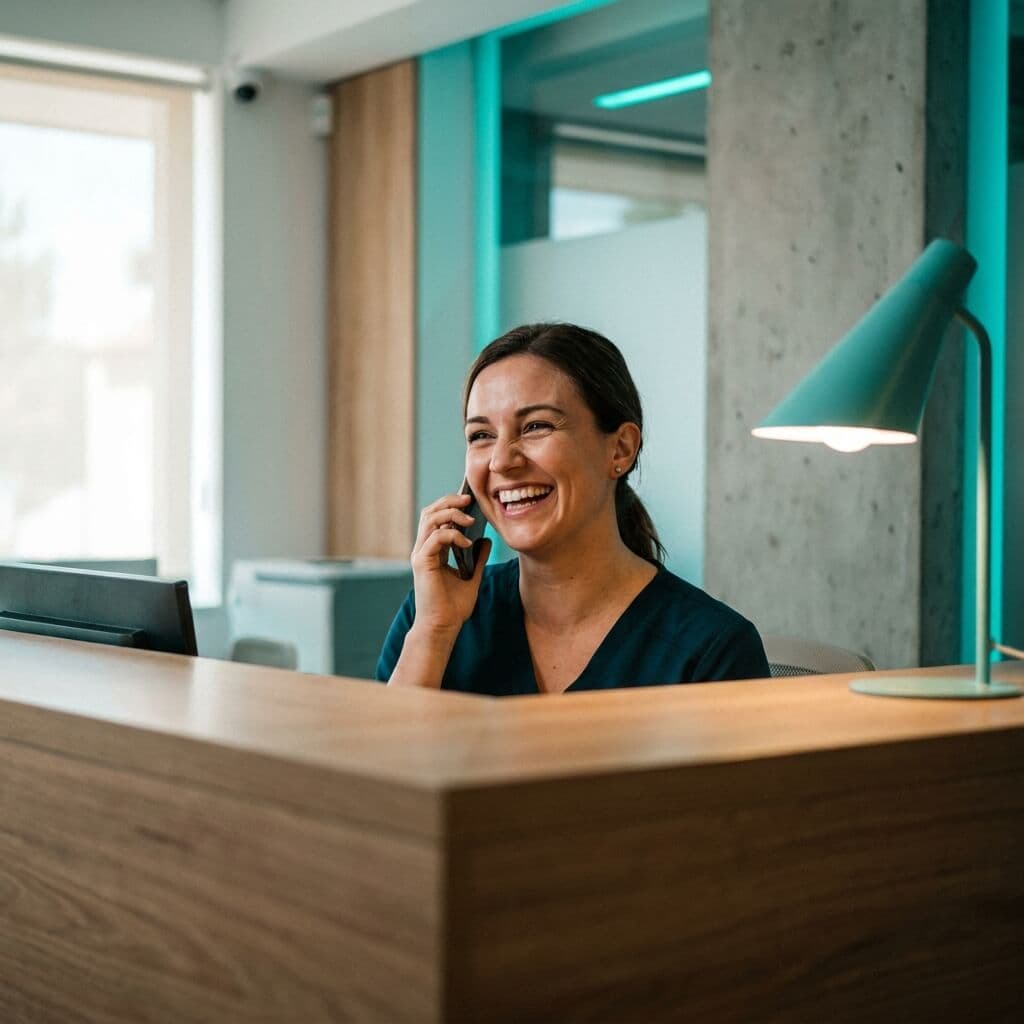 Recepcionista de clínica dental atendiendo una llamada